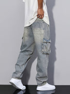 Cargo Denim Jeans Cotton Men's Washed Blue Straight Leg with Flap Pockets – Casual, Streetwear