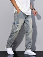 Cargo Denim Jeans Cotton Men's Washed Blue Straight Leg with Flap Pockets – Casual, Streetwear