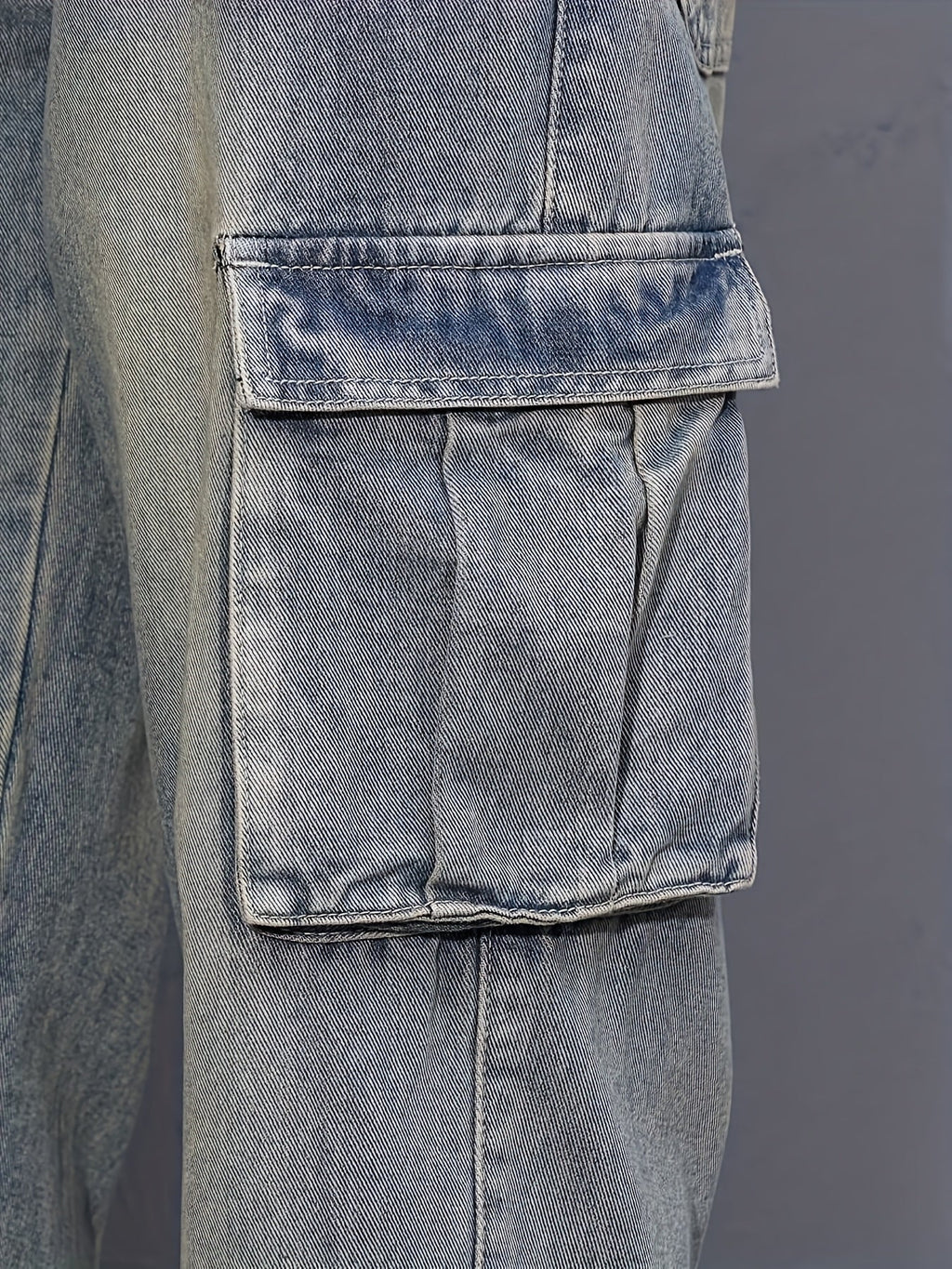 Cargo Denim Jeans Cotton Men's Washed Blue Straight Leg with Flap Pockets – Casual, Streetwear