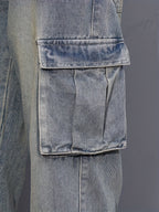 Cargo Denim Jeans Cotton Men's Washed Blue Straight Leg with Flap Pockets – Casual, Streetwear