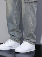Cargo Denim Jeans Cotton Men's Washed Blue Straight Leg with Flap Pockets – Casual, Streetwear