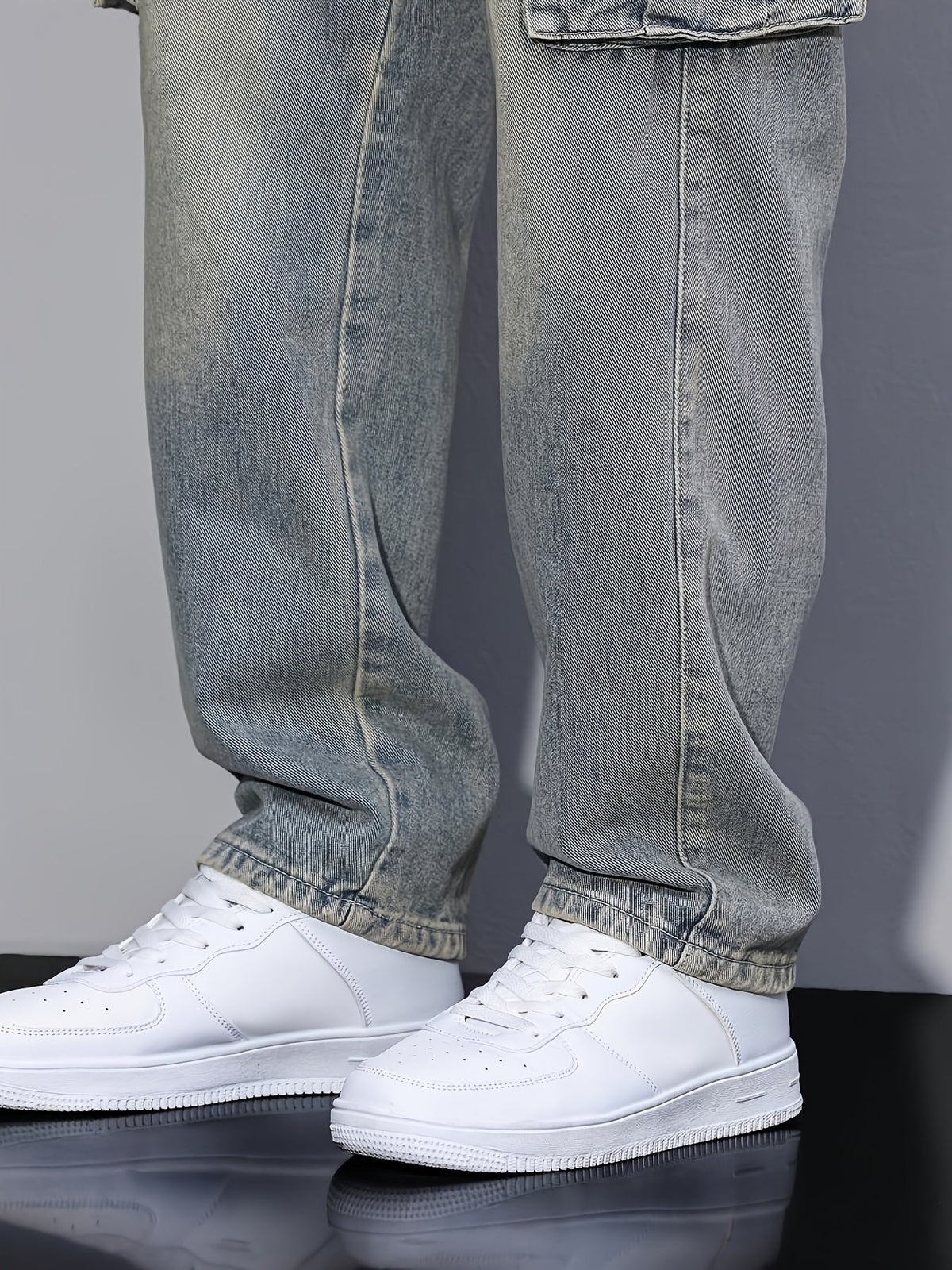 Cargo Denim Jeans Cotton Men's Washed Blue Straight Leg with Flap Pockets – Casual, Streetwear