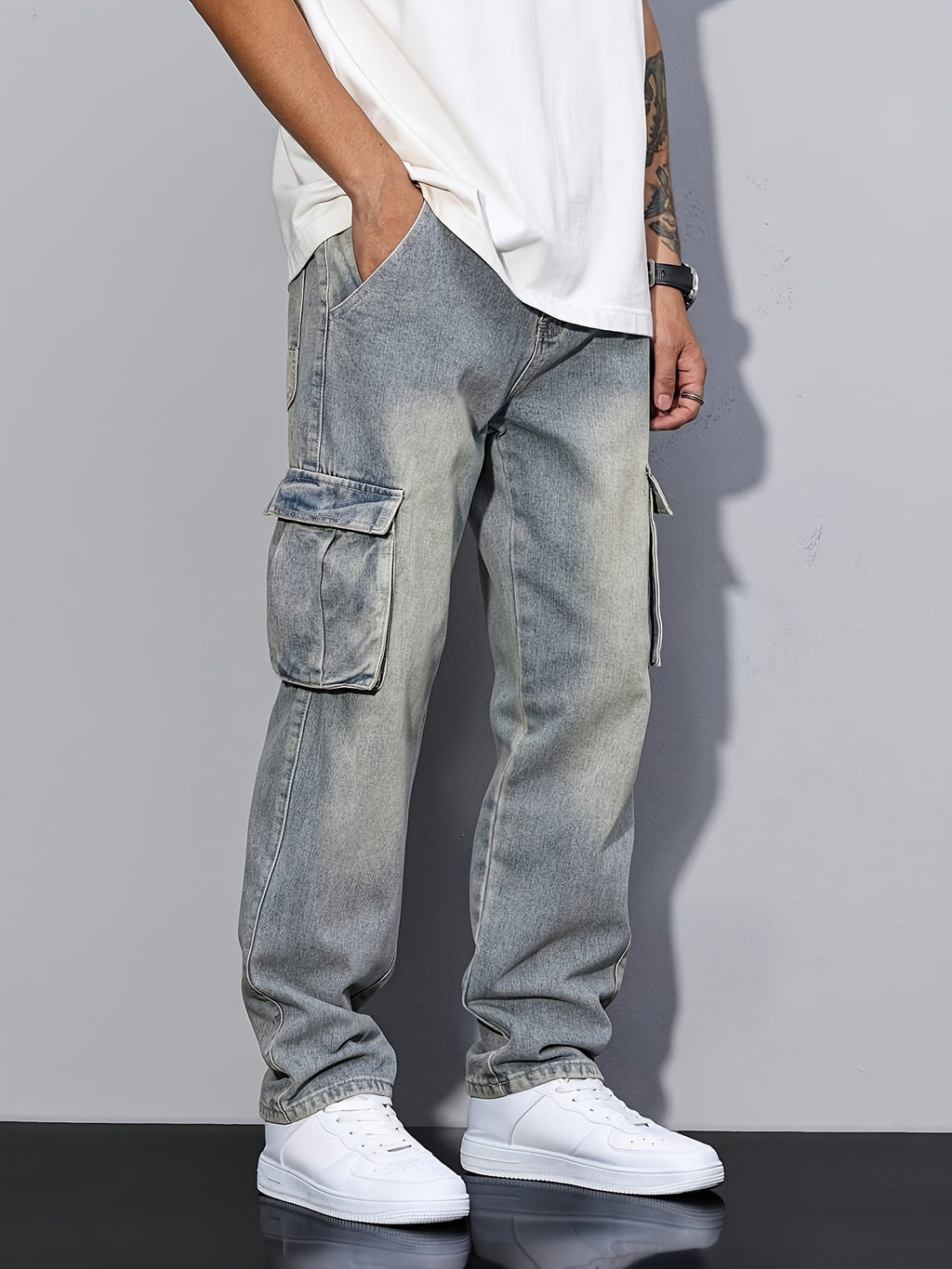Cargo Denim Jeans Cotton Men's Washed Blue Straight Leg with Flap Pockets – Casual, Streetwear