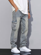 Cargo Denim Jeans Cotton Men's Washed Blue Straight Leg with Flap Pockets – Casual, Streetwear