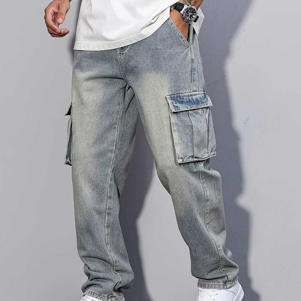 Cargo Denim Jeans Cotton Men's Washed Blue Straight Leg with Flap Pockets – Casual, Streetwear