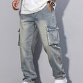 Cargo Denim Jeans Cotton Men's Washed Blue Straight Leg with Flap Pockets – Casual, Streetwear