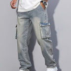 Cargo Denim Jeans Cotton Men's Washed Blue Straight Leg with Flap Pockets – Casual, Streetwear