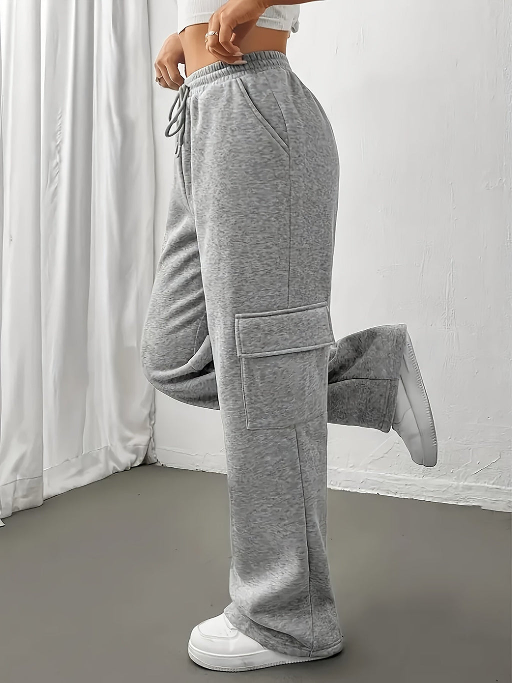 Cargo Joggers Grey Drawstring Wide-Leg Women's – Casual, Loungewear, Everyday Comfort