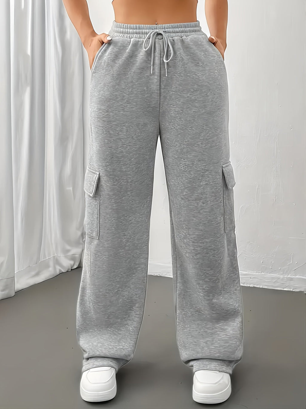 Cargo Joggers Grey Drawstring Wide-Leg Women's – Casual, Loungewear, Everyday Comfort