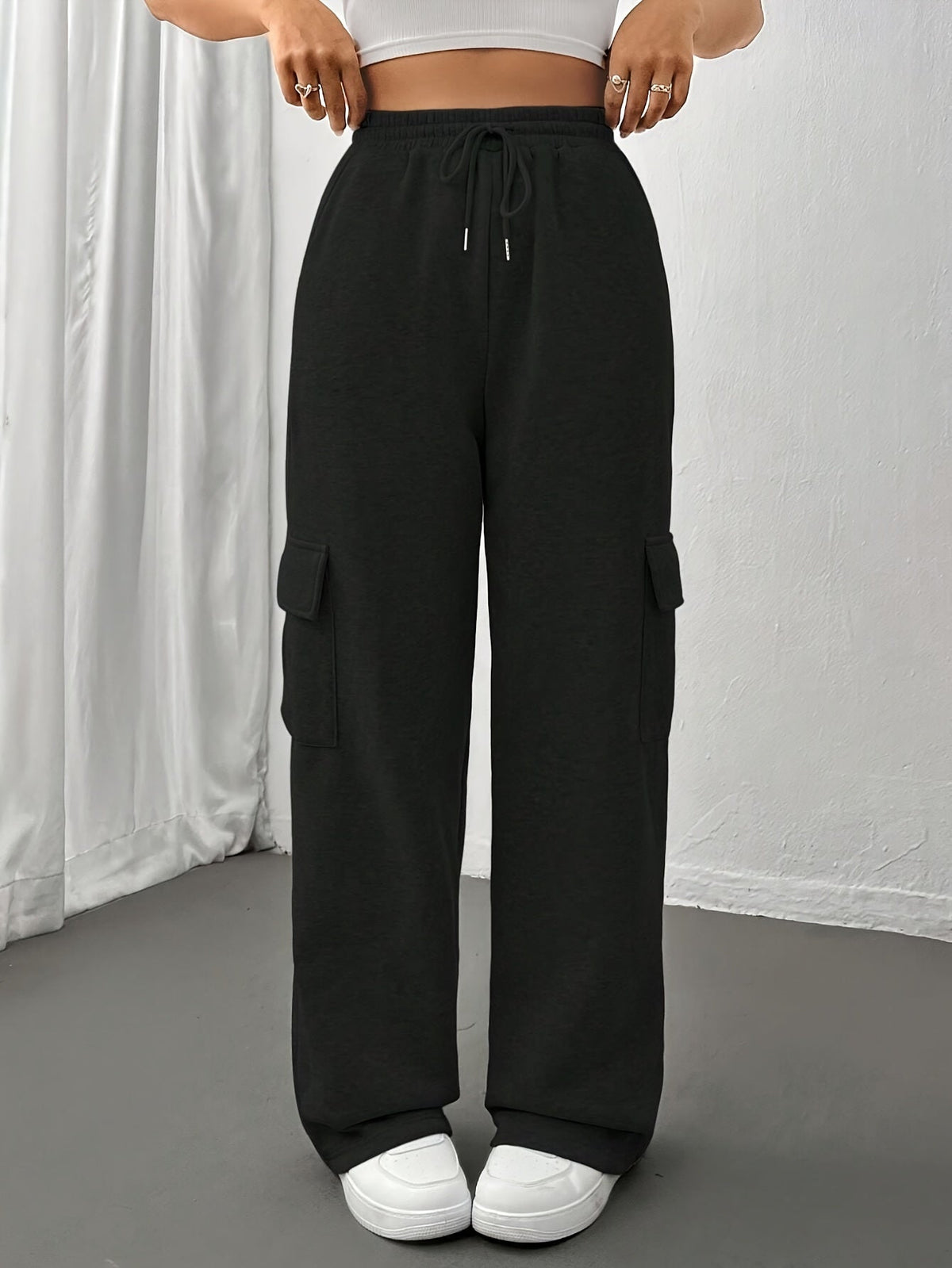Cargo Sweatpants Cotton Blend Grey Women's Drawstring Joggers – Casual, Loungewear