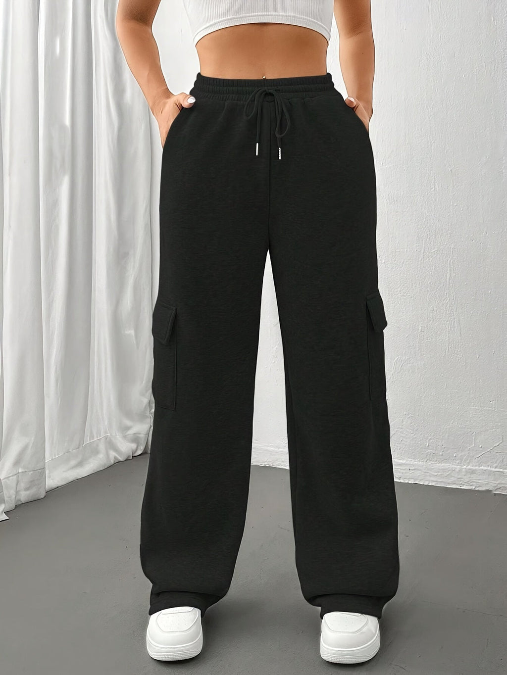 Cargo Sweatpants Cotton Blend Grey Women's Drawstring Joggers – Casual, Loungewear