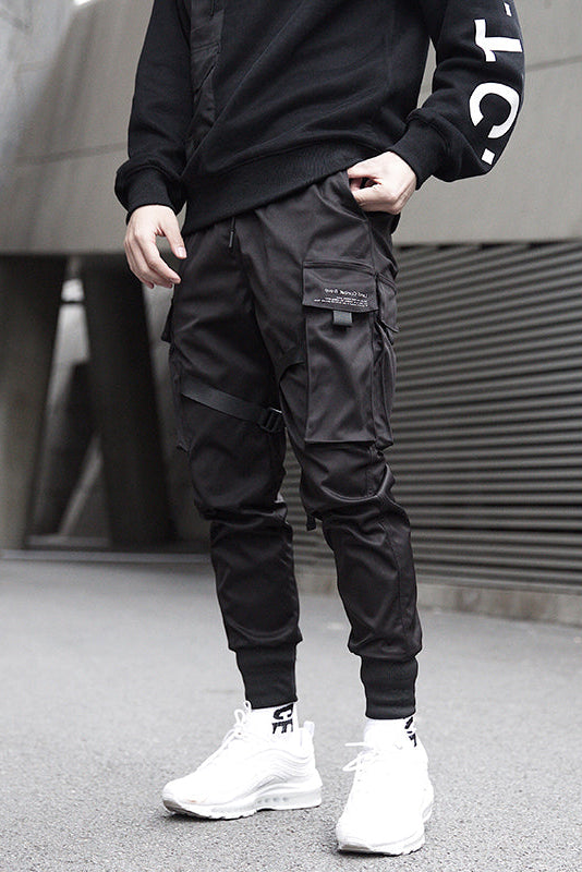 Cargo Trousers Black Men's Techwear Joggers with Straps – Casual, Streetwear Style
