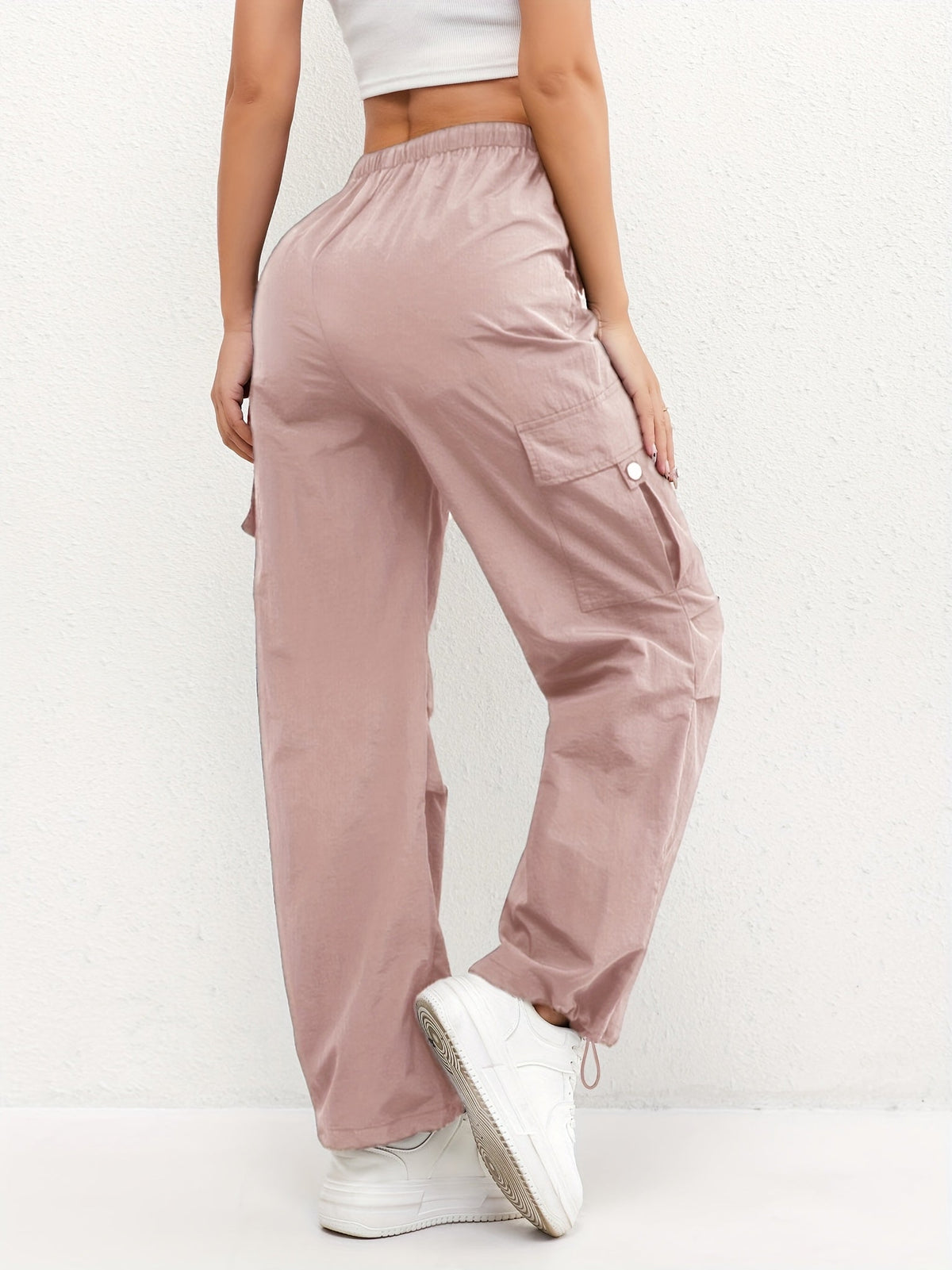 Cargo Trousers Women's Pink Elasticated Waist Drawstring Parachute Pants – Casual, Everyday, Holiday