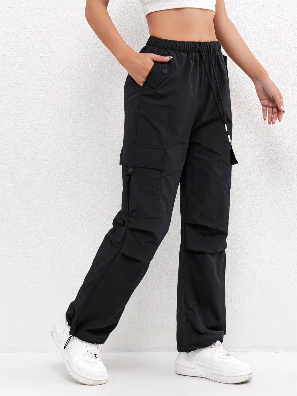 Cargo Trousers Women's Pink Elasticated Waist Drawstring Parachute Pants – Casual, Everyday, Holiday
