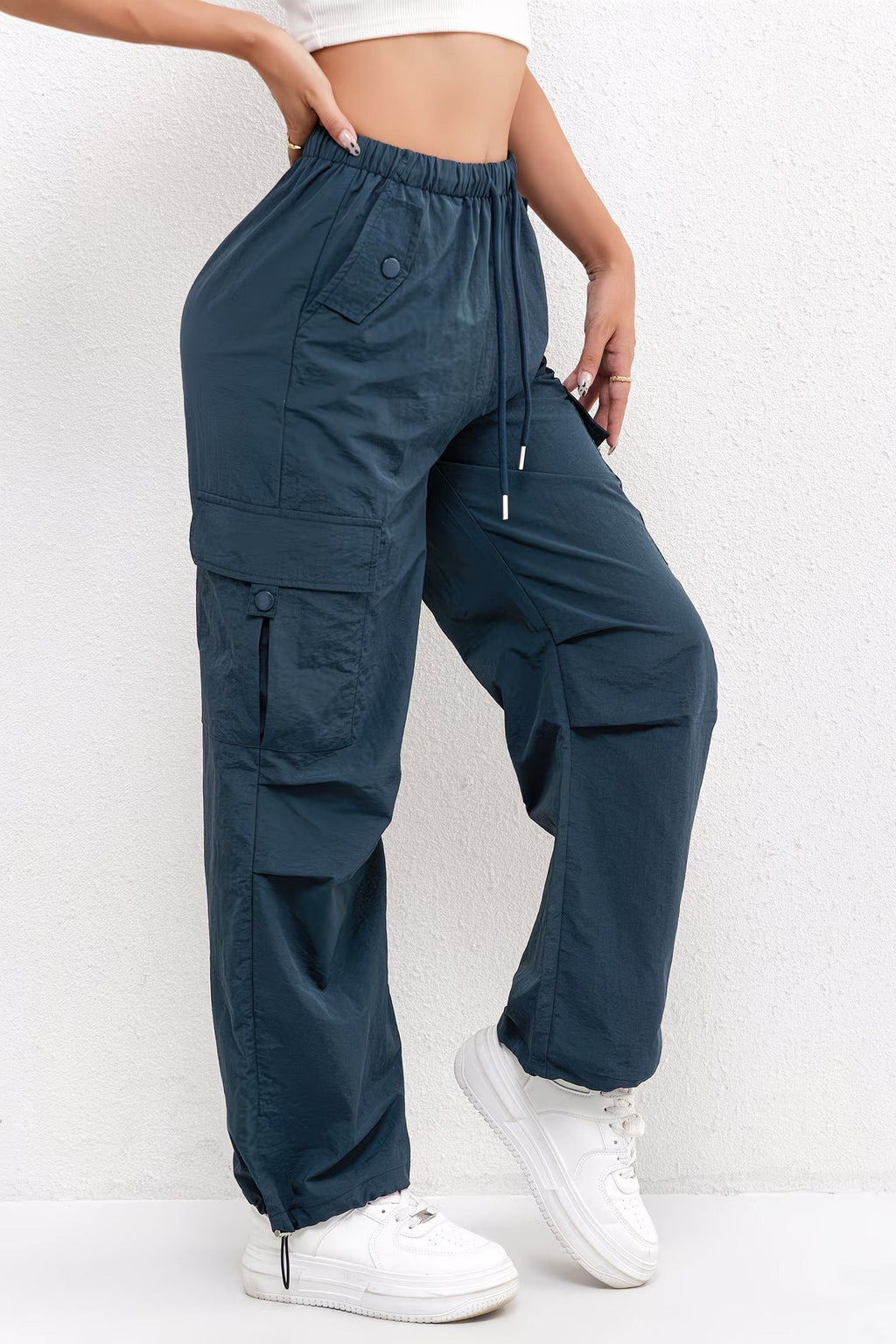 Cargo Trousers Women's Pink Elasticated Waist Drawstring Parachute Pants – Casual, Everyday, Holiday