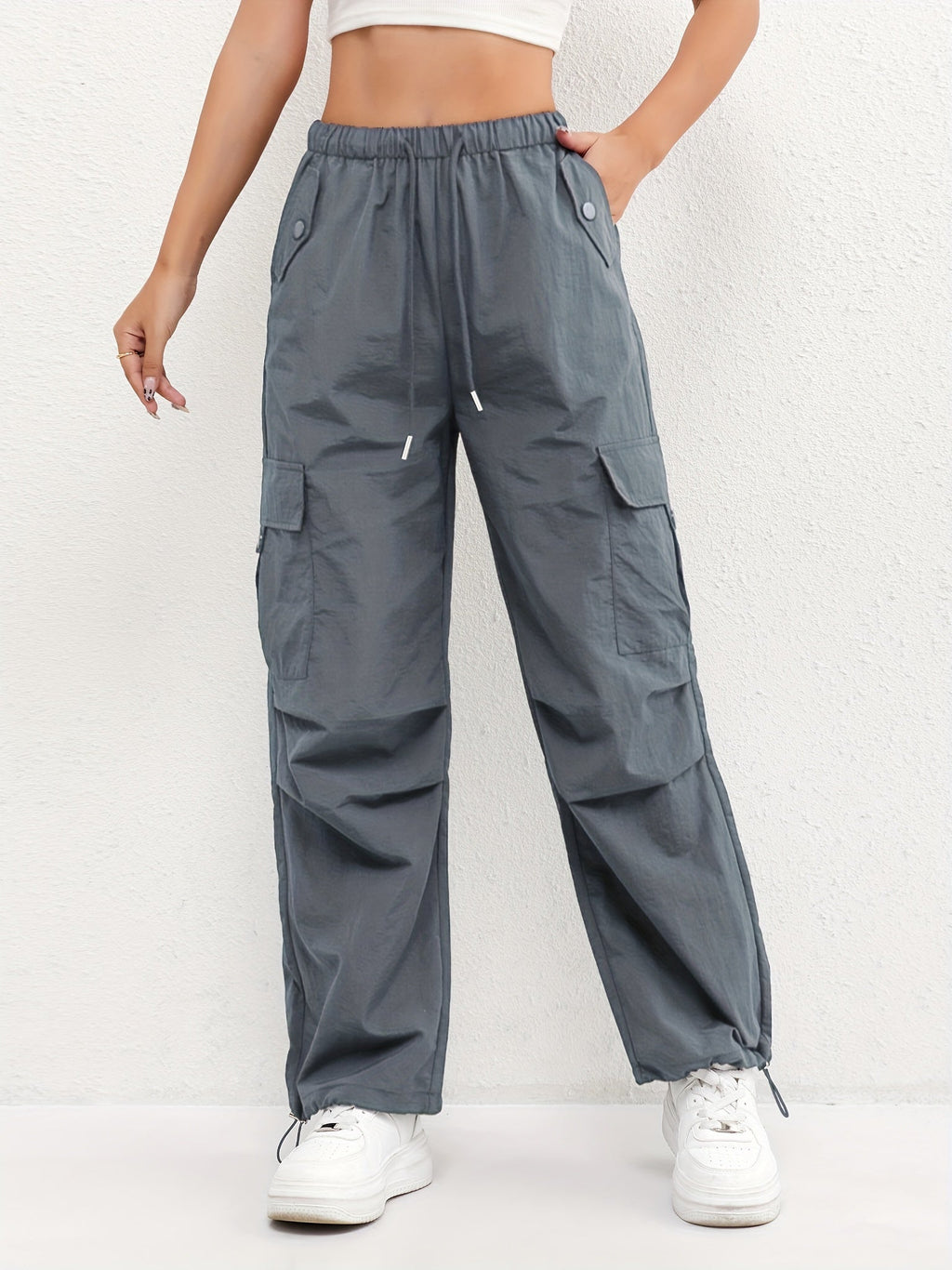 Cargo Trousers Women's Pink Elasticated Waist Drawstring Parachute Pants – Casual, Everyday, Holiday