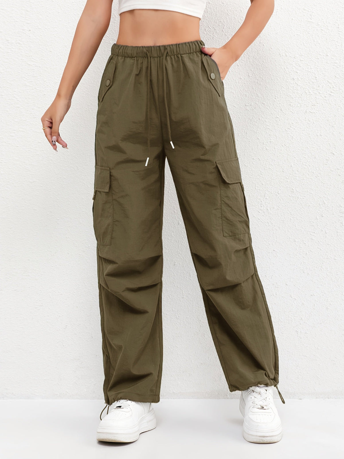 Cargo Trousers Women's Pink Elasticated Waist Drawstring Parachute Pants – Casual, Everyday, Holiday
