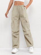 Cargo Trousers Women's Pink Elasticated Waist Drawstring Parachute Pants – Casual, Everyday, Holiday