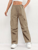 Cargo Trousers Women's Pink Elasticated Waist Drawstring Parachute Pants – Casual, Everyday, Holiday