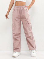 Cargo Trousers Women's Pink Elasticated Waist Drawstring Parachute Pants – Casual, Everyday, Holiday