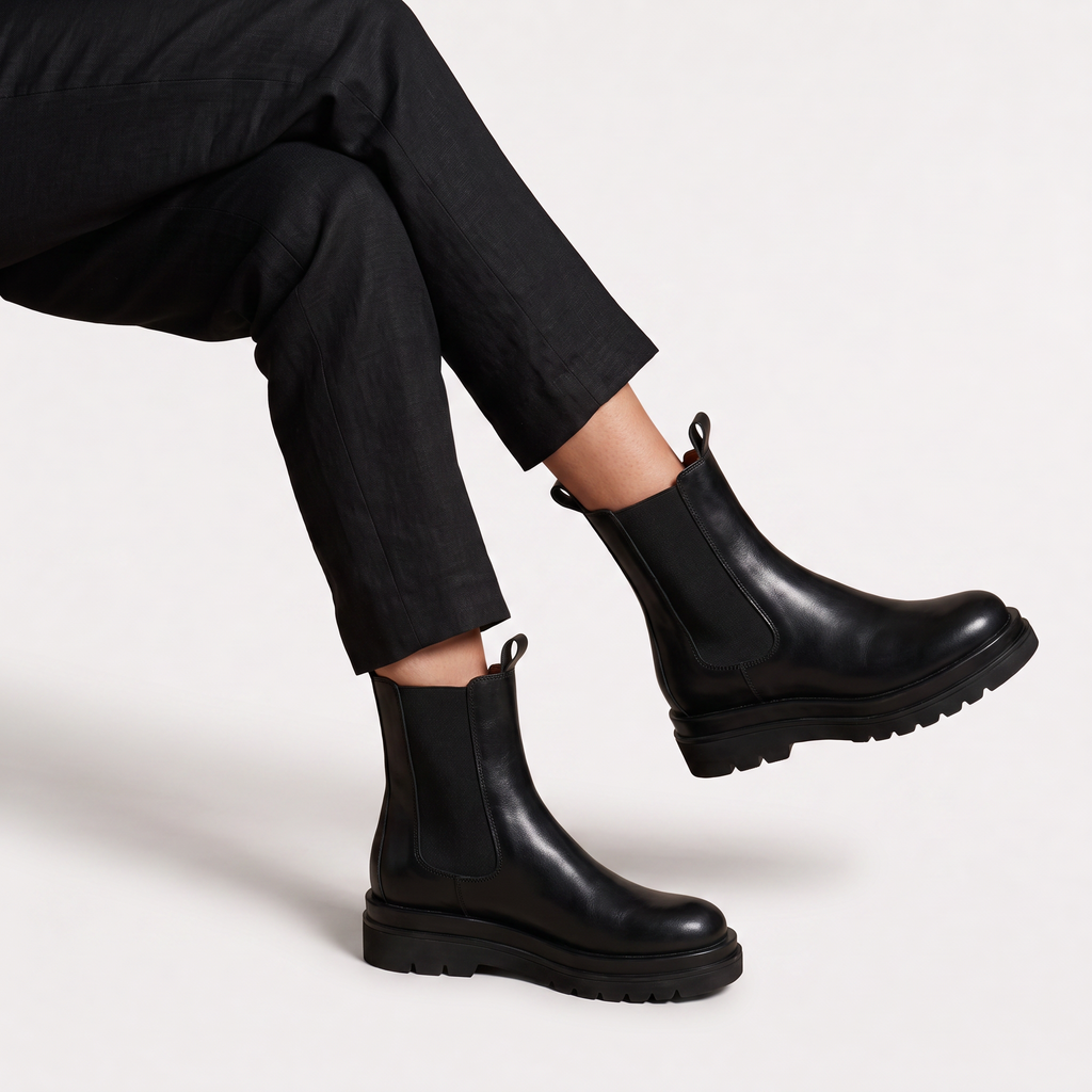 Chelsea Boots Leather Black Women's Chunky Platform Lug Sole – Casual, Office, Everyday, Gift
