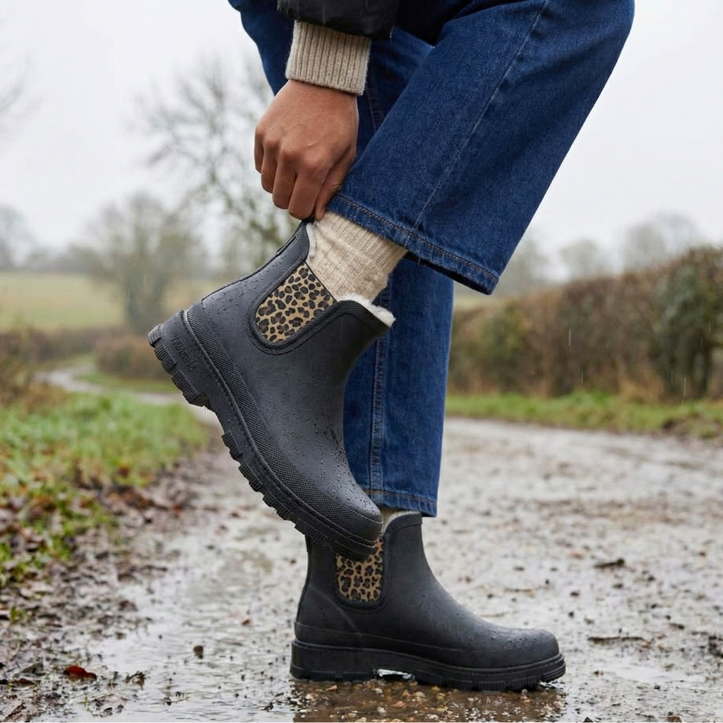 Chelsea Rain Boots Rubber Fur-Lined Black Leopard Women's – Garden, Outdoor · Werune