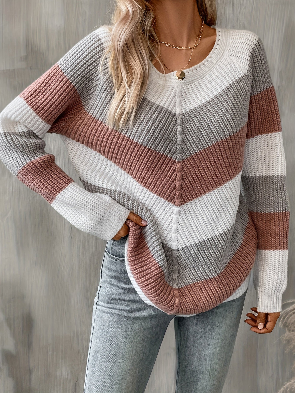 Chevron Knit Jumper Colourblock Women's Ribbed Long Sleeve Pullover – Casual, Autumn Layering