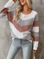 Chevron Knit Jumper Colourblock Women's Ribbed Long Sleeve Pullover – Casual, Autumn Layering