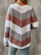 Chevron Knit Jumper Colourblock Women's Ribbed Long Sleeve Pullover – Casual, Autumn Layering