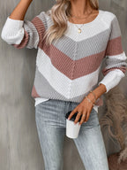 Chevron Knit Jumper Colourblock Women's Ribbed Long Sleeve Pullover – Casual, Autumn Layering