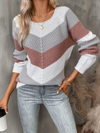 Chevron Knit Jumper Colourblock Women's Ribbed Long Sleeve Pullover – Casual, Autumn Layering