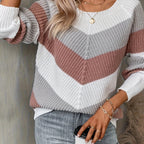 Chevron Knit Jumper Colourblock Women's Ribbed Long Sleeve Pullover – Casual, Autumn Layering