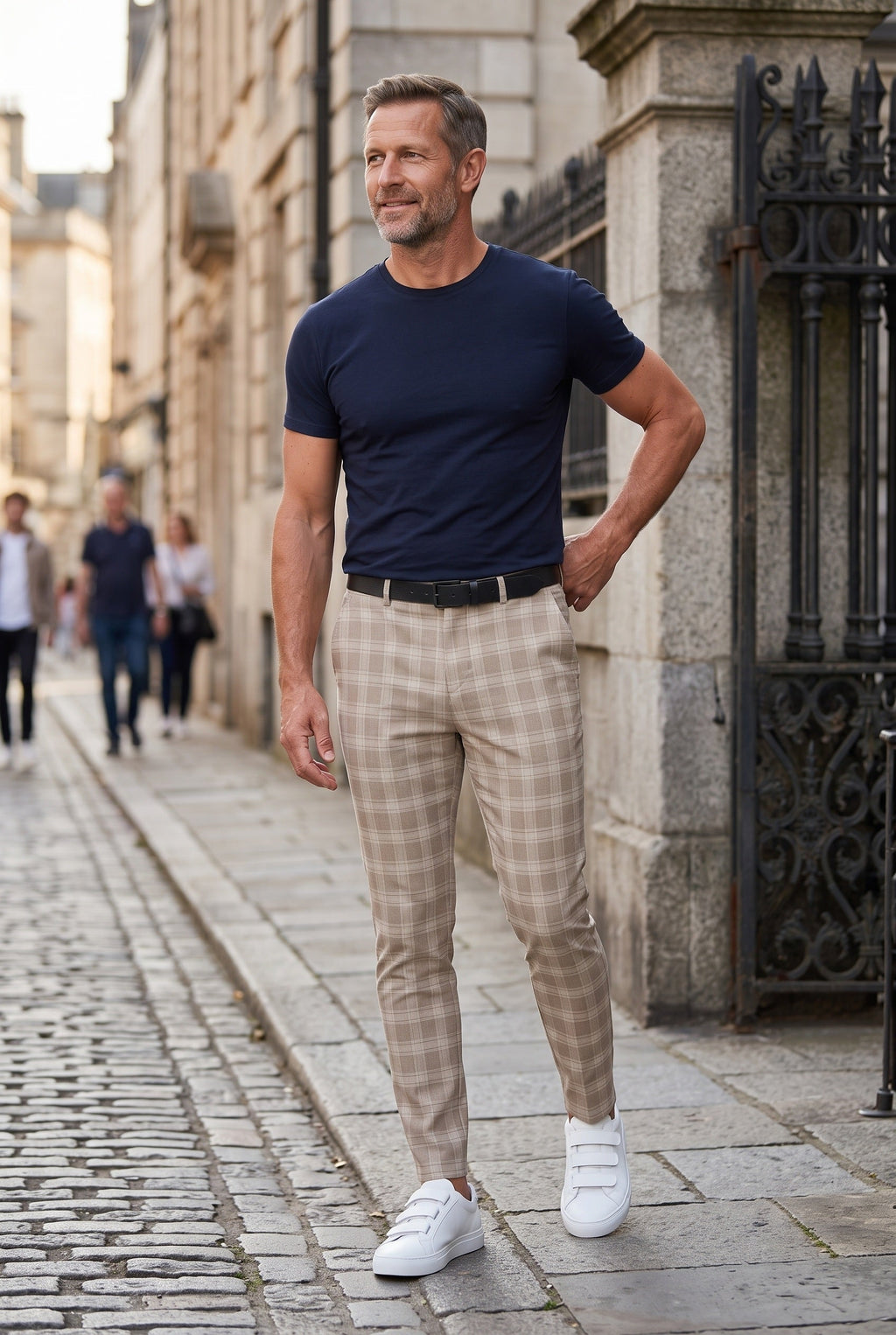 Chino Trousers Beige Checked Slim Fit Men's – Casual, Office, Smart, Everyday Wear