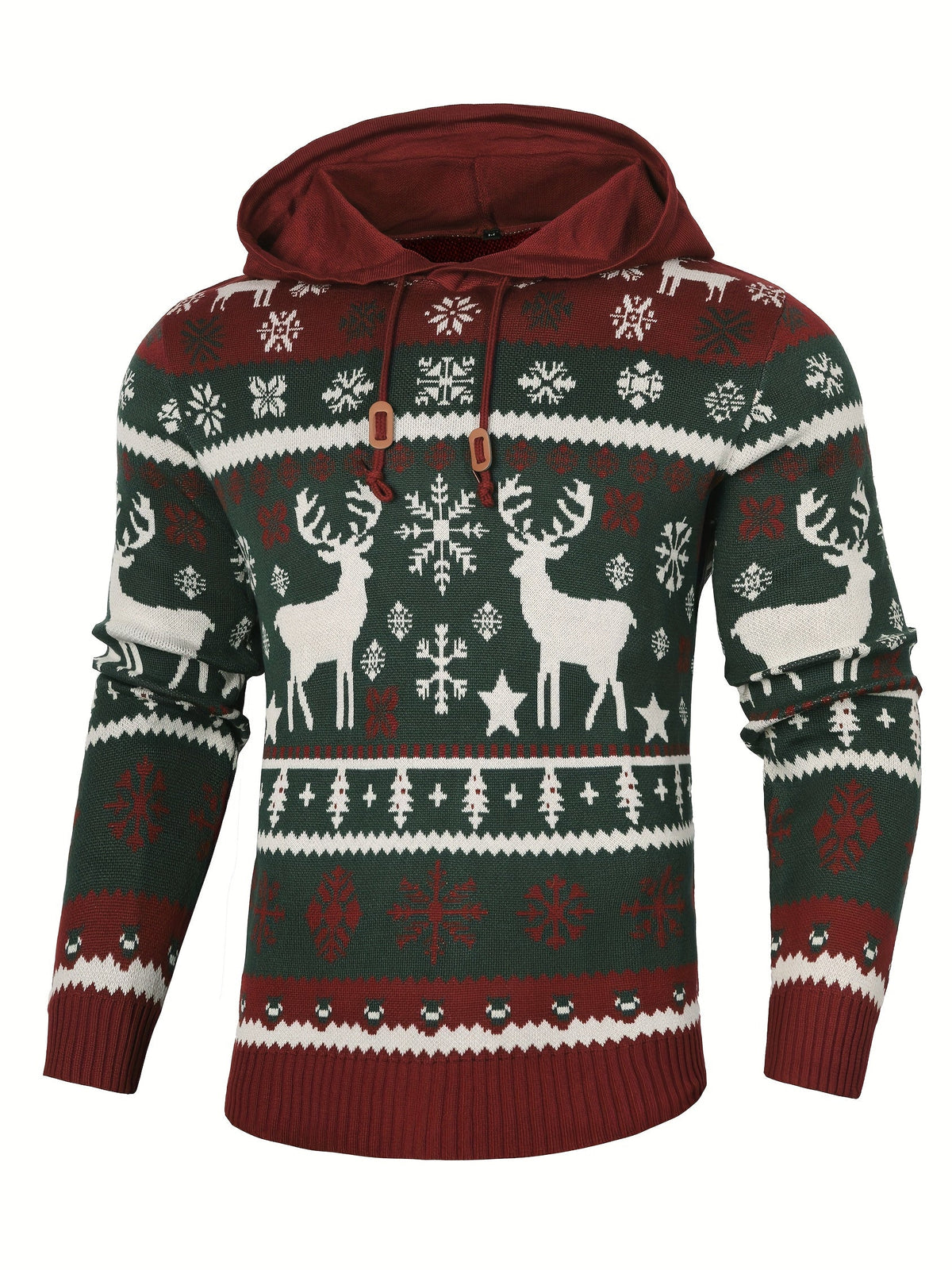 Christmas Hooded Sweater Men's Knitted Reindeer Snowflake Pullover Hoodie – Festive Wear, Holiday Gift