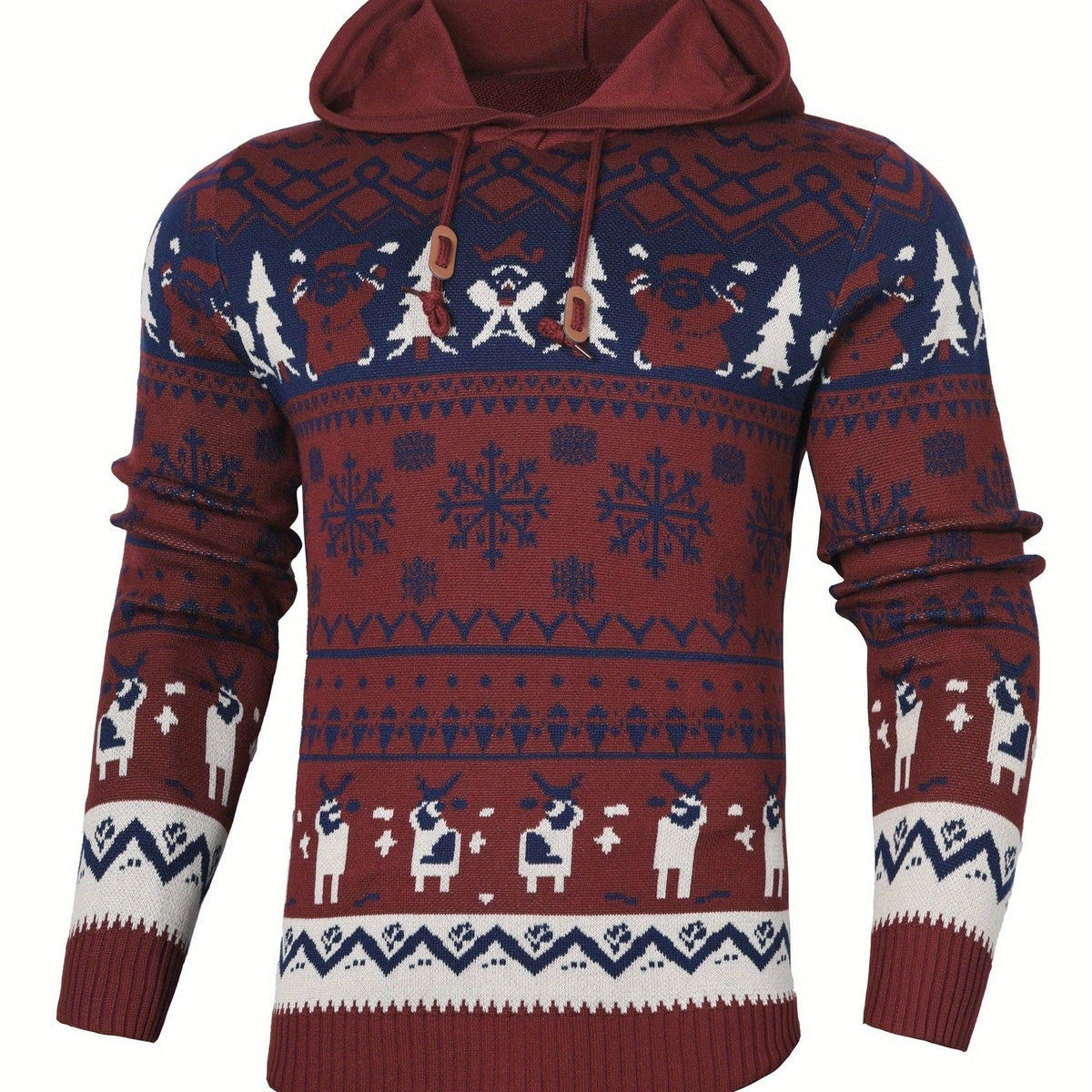 Christmas Hooded Sweater Men's Knitted Reindeer Snowflake Pullover Hoodie – Festive Wear, Holiday Gift
