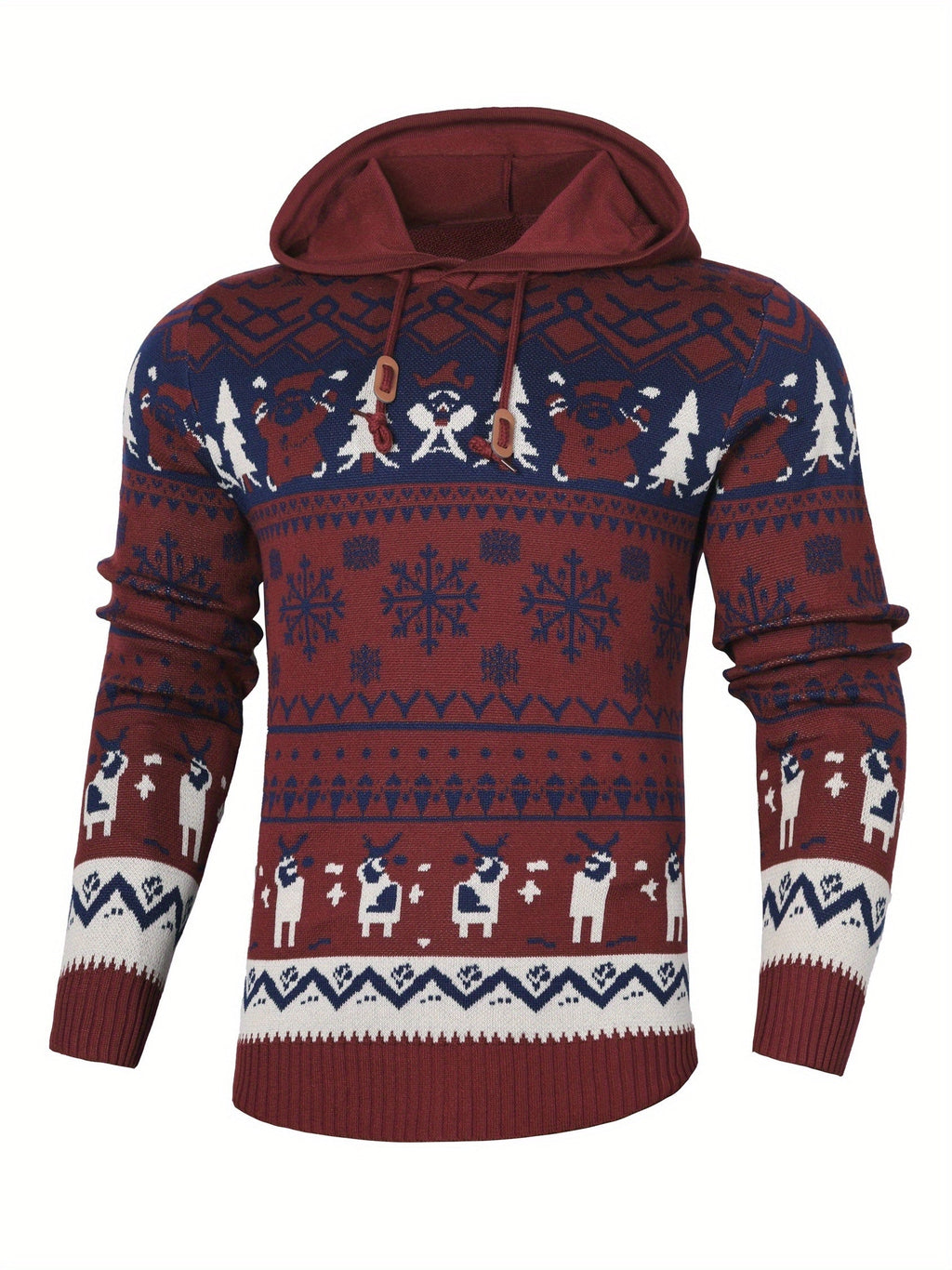 Christmas Hooded Sweater Men's Knitted Reindeer Snowflake Pullover Hoodie – Festive Wear, Holiday Gift