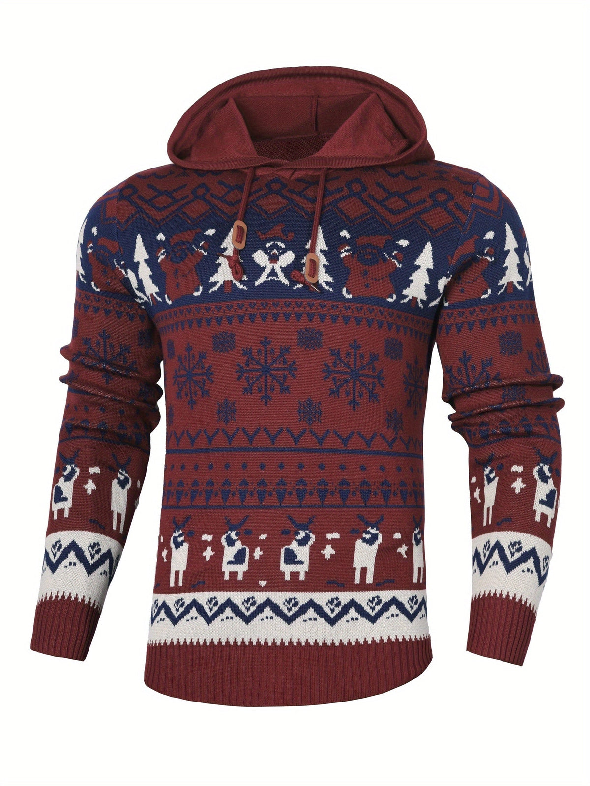 Christmas Hooded Sweater Men's Knitted Reindeer Snowflake Pullover Hoodie – Festive Wear, Holiday Gift