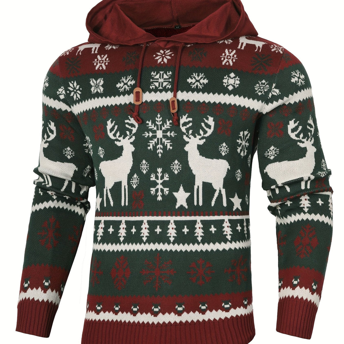 Christmas Hooded Sweater Men's Knitted Reindeer Snowflake Pullover Hoodie – Festive Wear, Holiday Gift