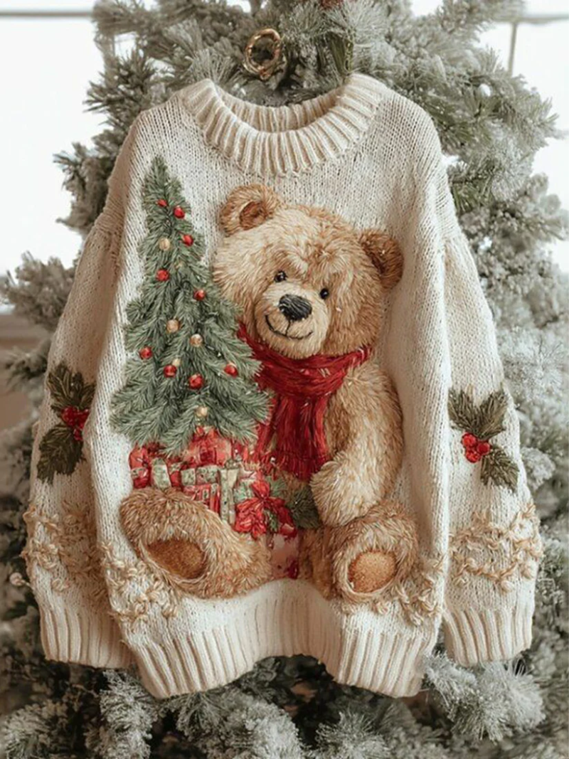 Christmas Jumper Knitted Bear Tree Cream Women's Crew Neck – Festive, Holiday, Gift, Casual