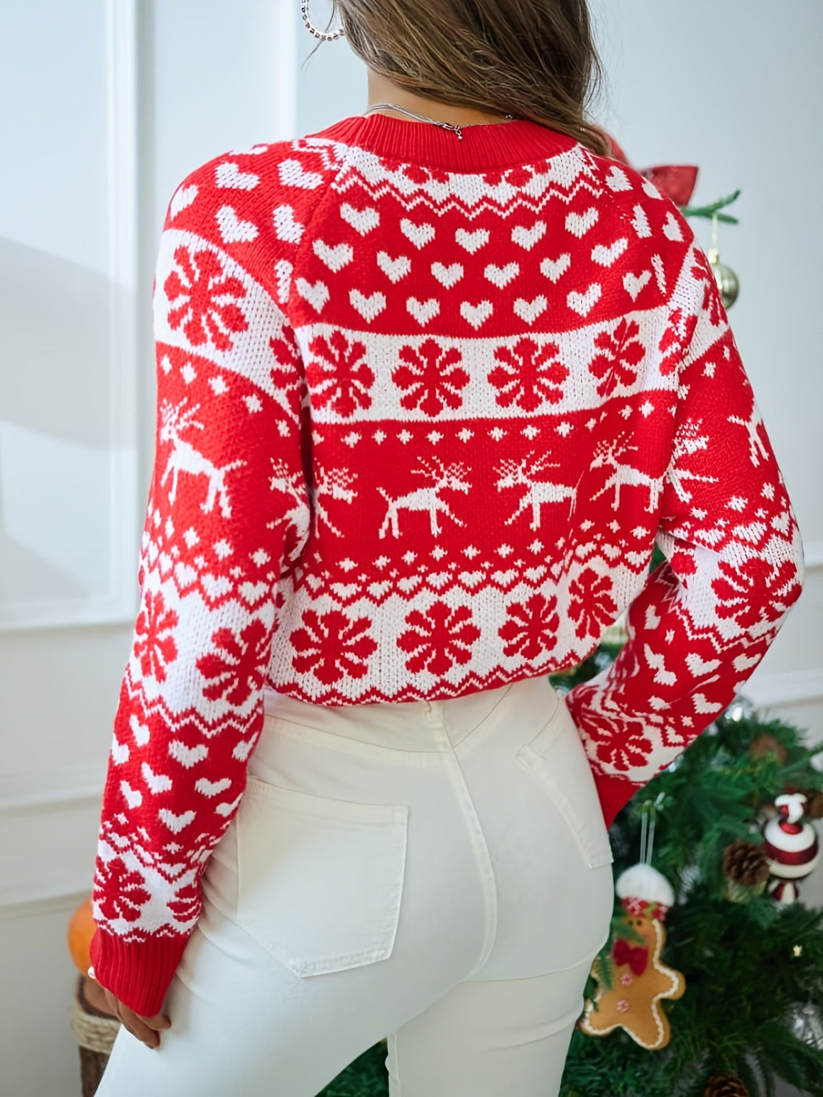 Christmas Jumper Snowflake Reindeer Fair Isle Knit Women's Red Crew Neck Sweater – Holiday, Gift