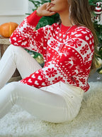 Christmas Jumper Snowflake Reindeer Fair Isle Knit Women's Red Crew Neck Sweater – Holiday, Gift