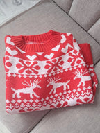 Christmas Jumper Snowflake Reindeer Fair Isle Knit Women's Red Crew Neck Sweater – Holiday, Gift
