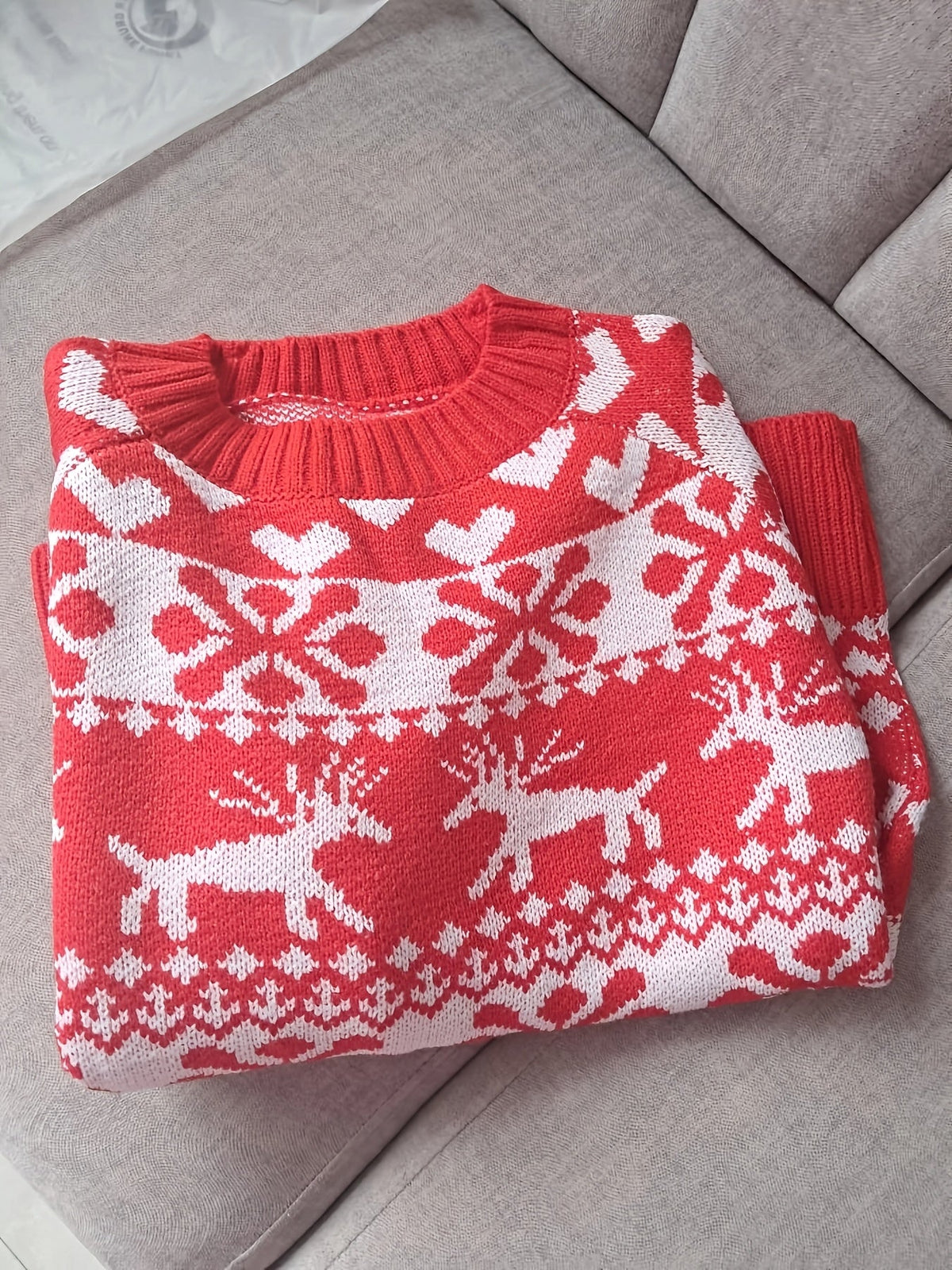Christmas Jumper Snowflake Reindeer Fair Isle Knit Women's Red Crew Neck Sweater – Holiday, Gift