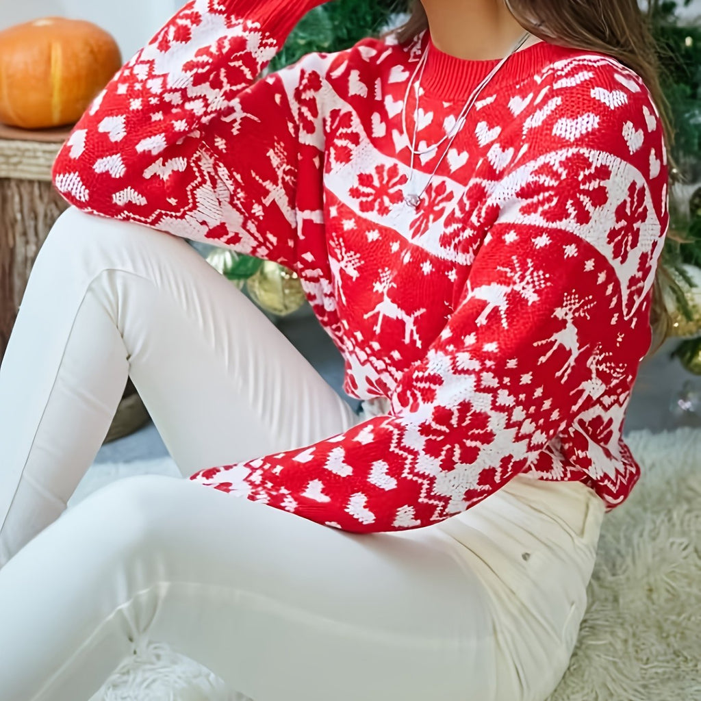 Christmas Jumper Snowflake Reindeer Fair Isle Knit Women's Red Crew Neck Sweater – Holiday, Gift