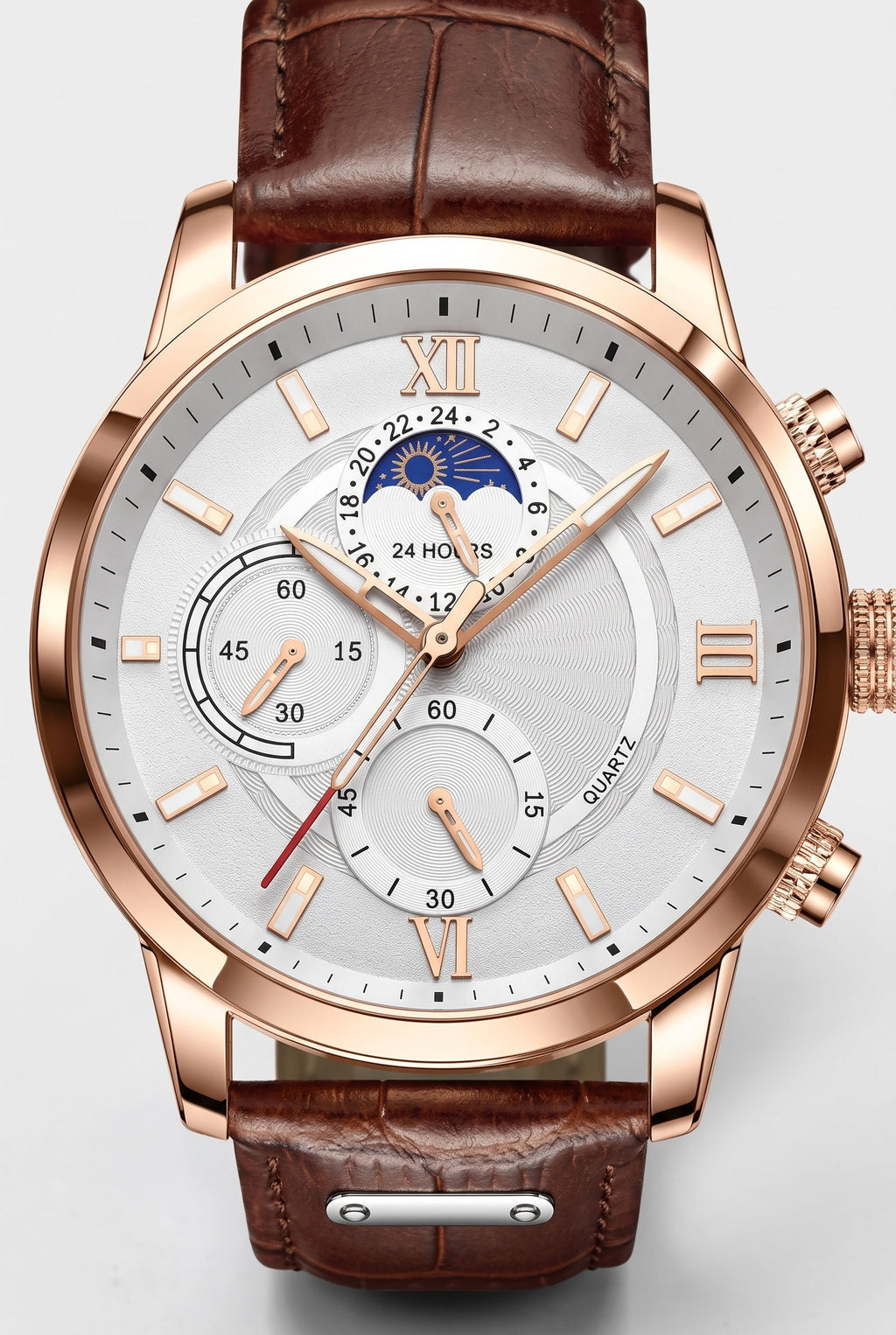 Chronograph Watch Rose Gold Brown Leather Strap Men's – Casual, Office, Gift, Everyday