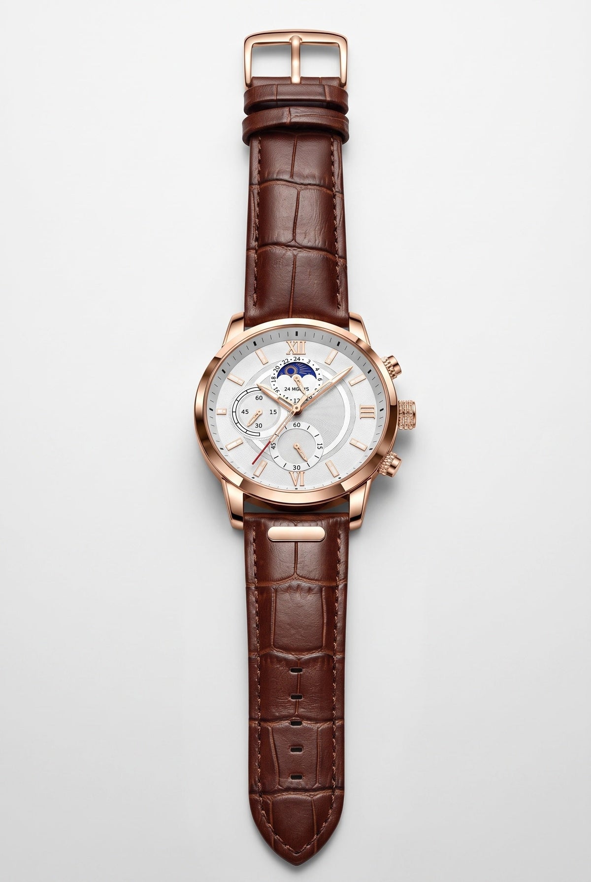 Chronograph Watch Rose Gold Brown Leather Strap Men's – Casual, Office, Gift, Everyday