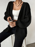 Chunky Knit Cardigan Black Open Front Women's – Casual, Office, Holiday, Layering Everyday Wear