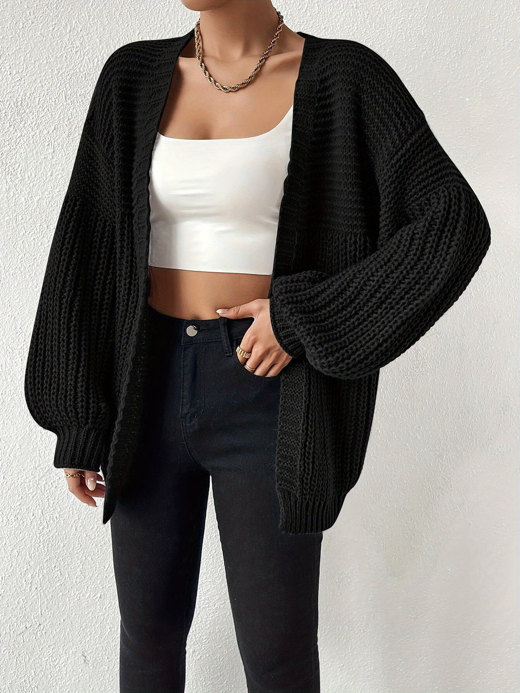 Chunky Knit Cardigan Black Open Front Women's – Casual, Office, Holiday, Layering Everyday Wear