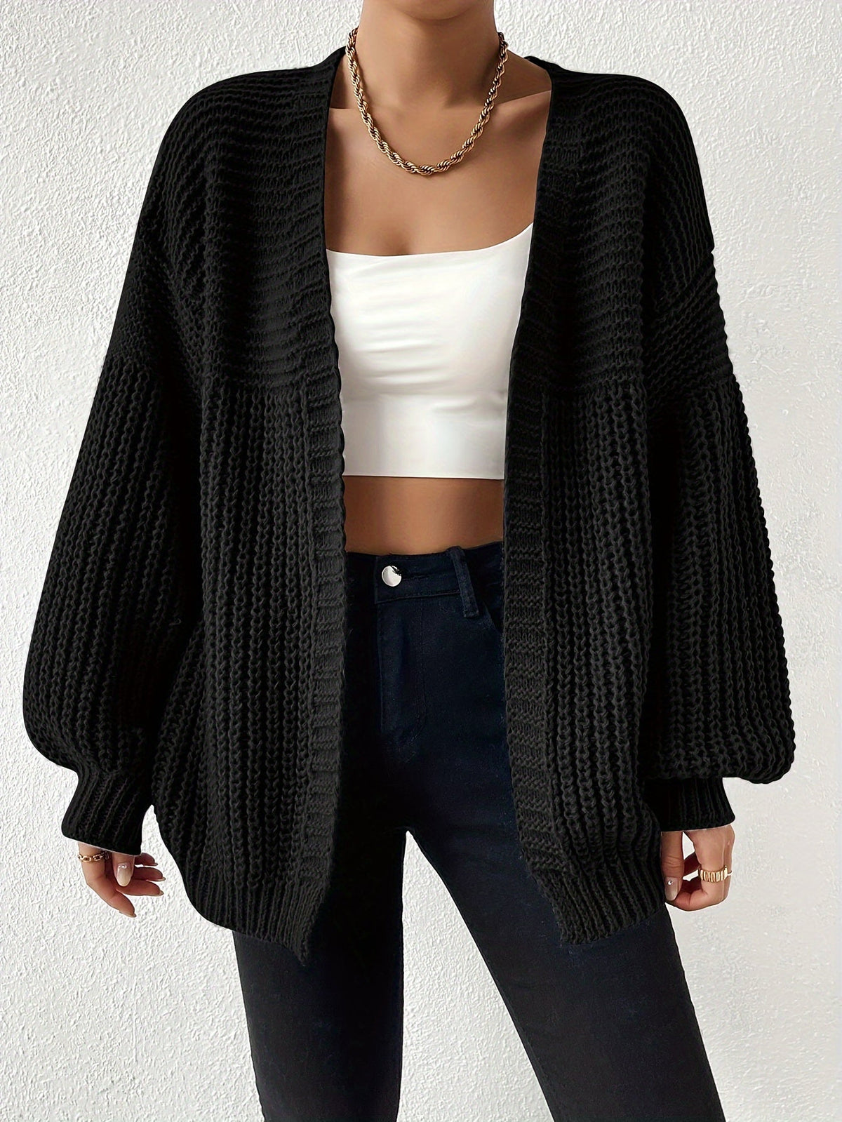 Chunky Knit Cardigan Black Open Front Women's – Casual, Office, Holiday, Layering Everyday Wear