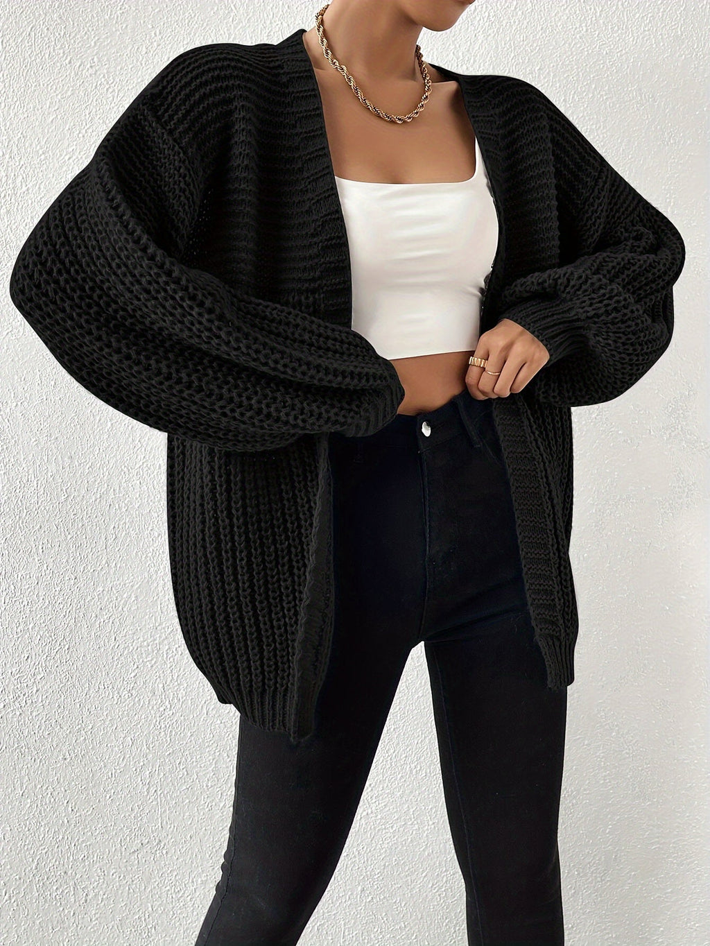 Chunky Knit Cardigan Black Open Front Women's – Casual, Office, Holiday, Layering Everyday Wear
